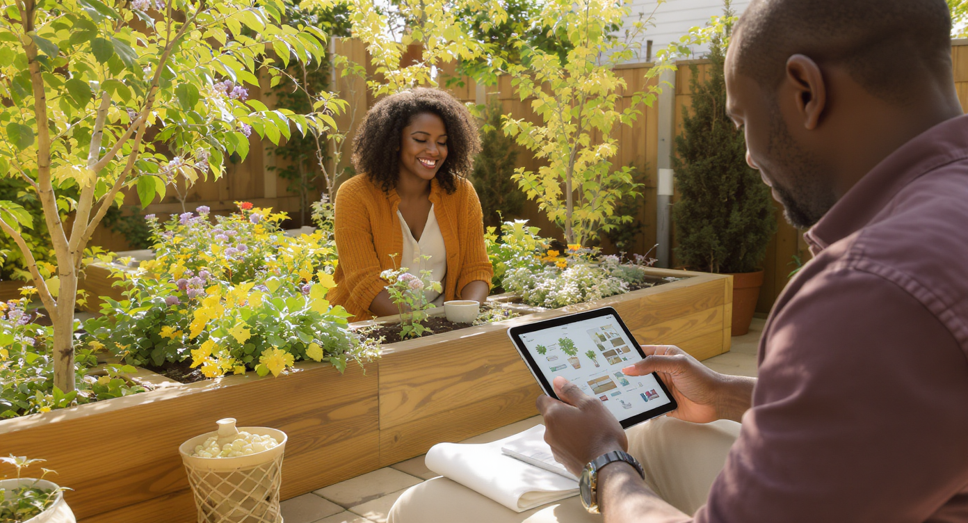 A modern backyard with homeowners using a tablet to visualize landscaping plans, surrounded by lush plants, stone paths, and a wood deck, in warm daylight.