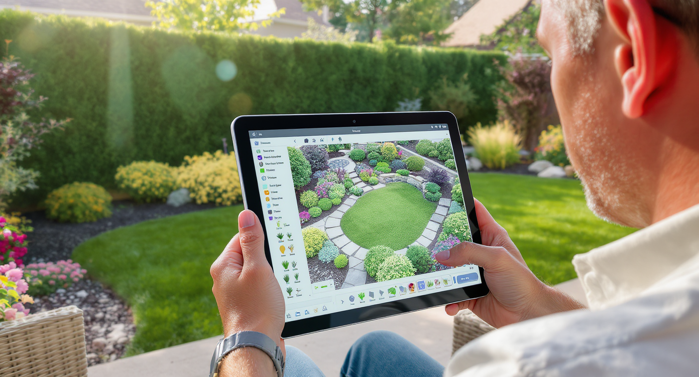 A homeowner uses a tablet to design a sunlit backyard garden, selecting specific plants like jasmine and conifers with digital overlays.
