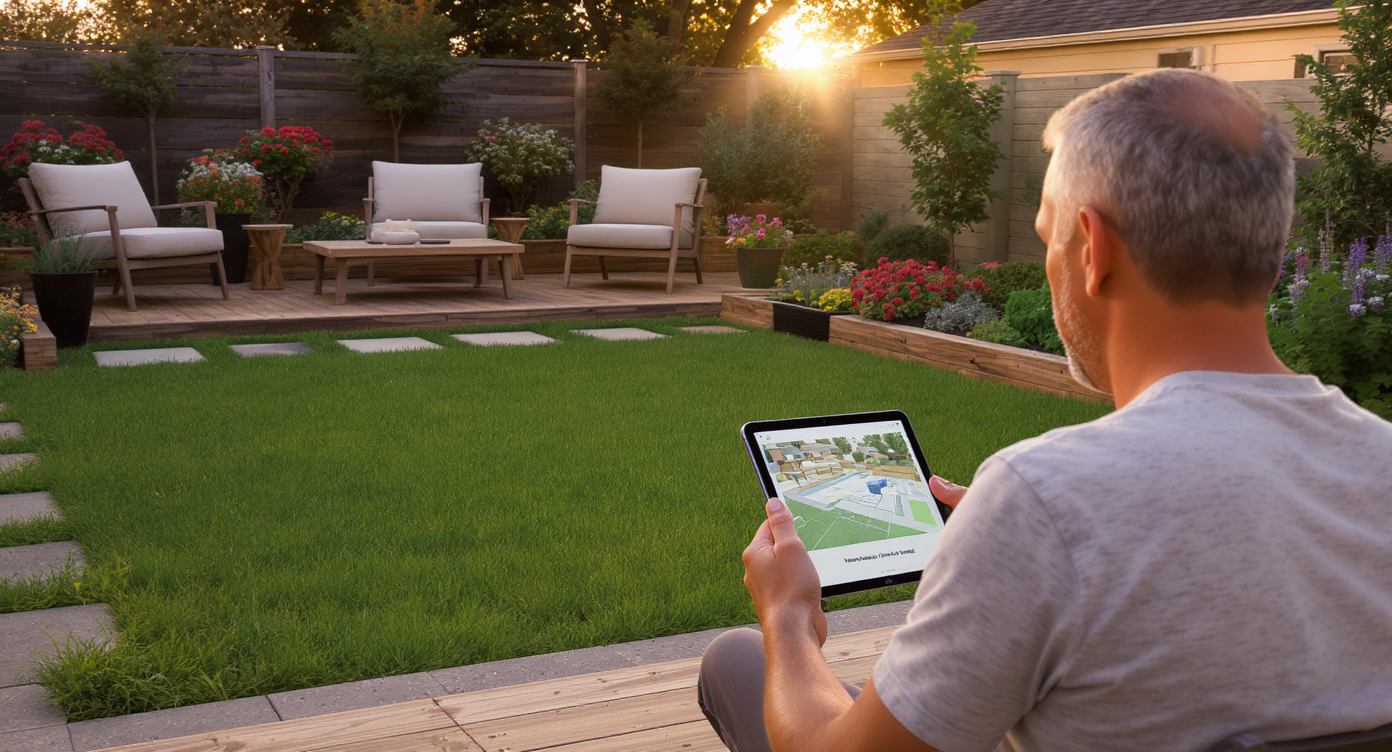 A homeowner stands in their backyard, reviewing a tablet showing a digital makeover of the same space, blending real and virtual landscaping.