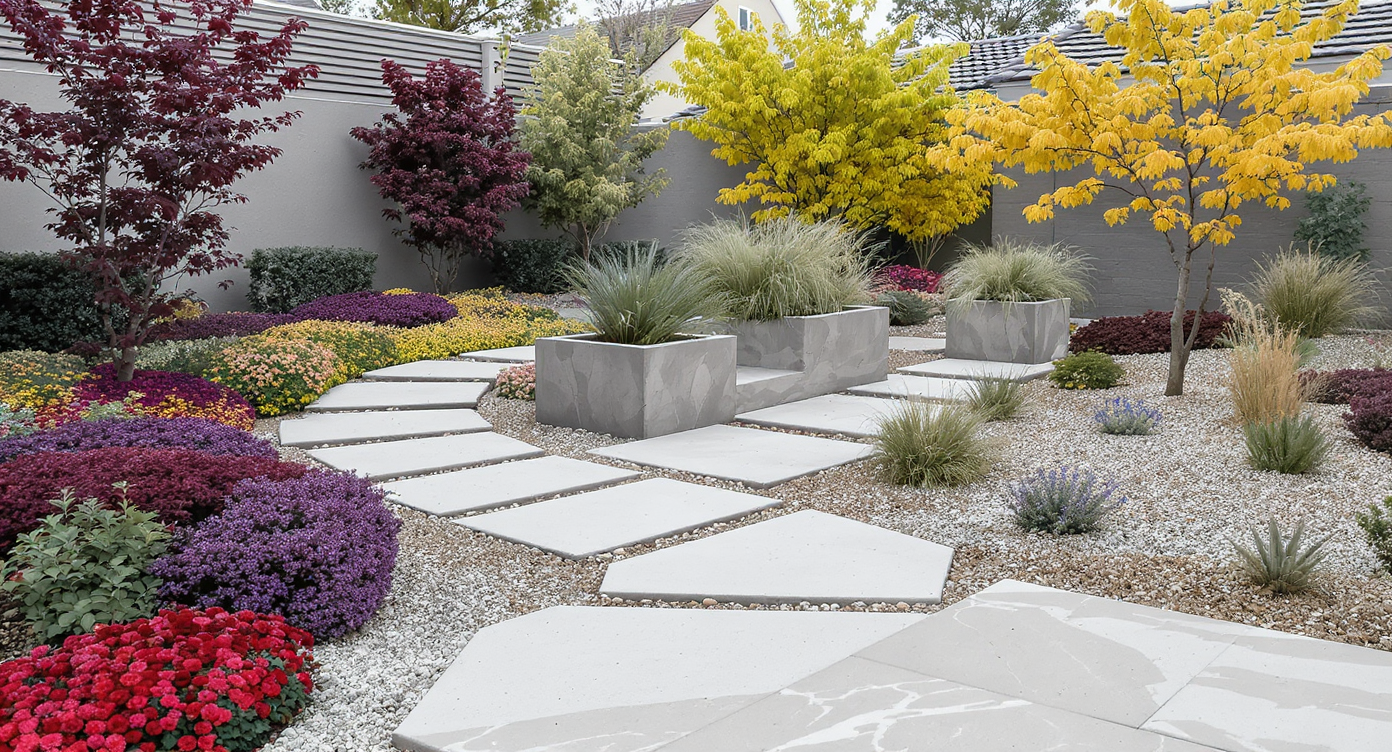 Homeowners and a landscape designer review three digital landscaping scenarios—a stone path with flowers, a modern minimalist yard, and a ground cover lawn—each shown with realistic materials, vibrant planting, and natural daylight.