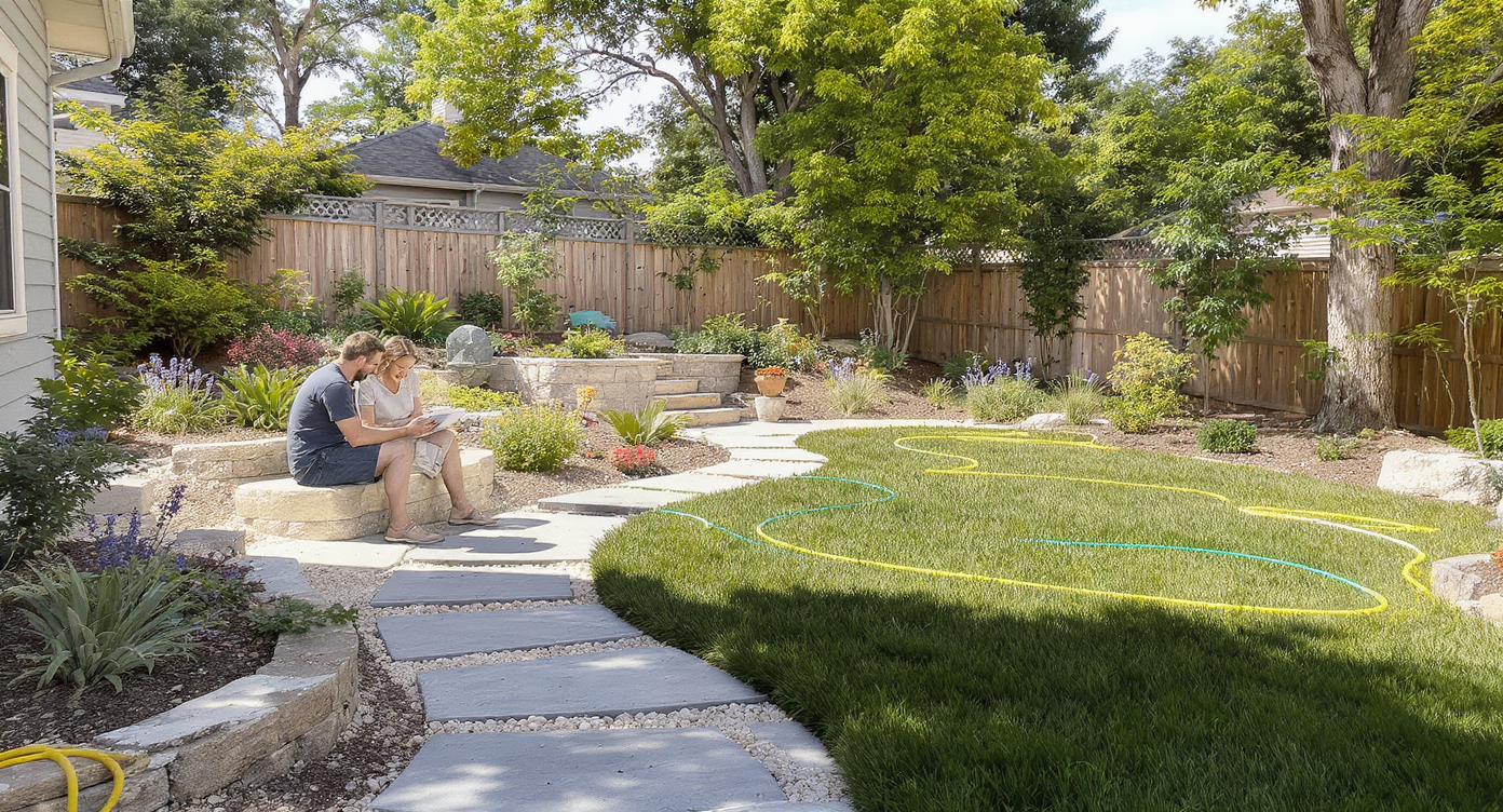 A homeowner and landscape designer discuss a digital plan in a sunlit yard, with stone paths, retaining wall, and patio layout visible.