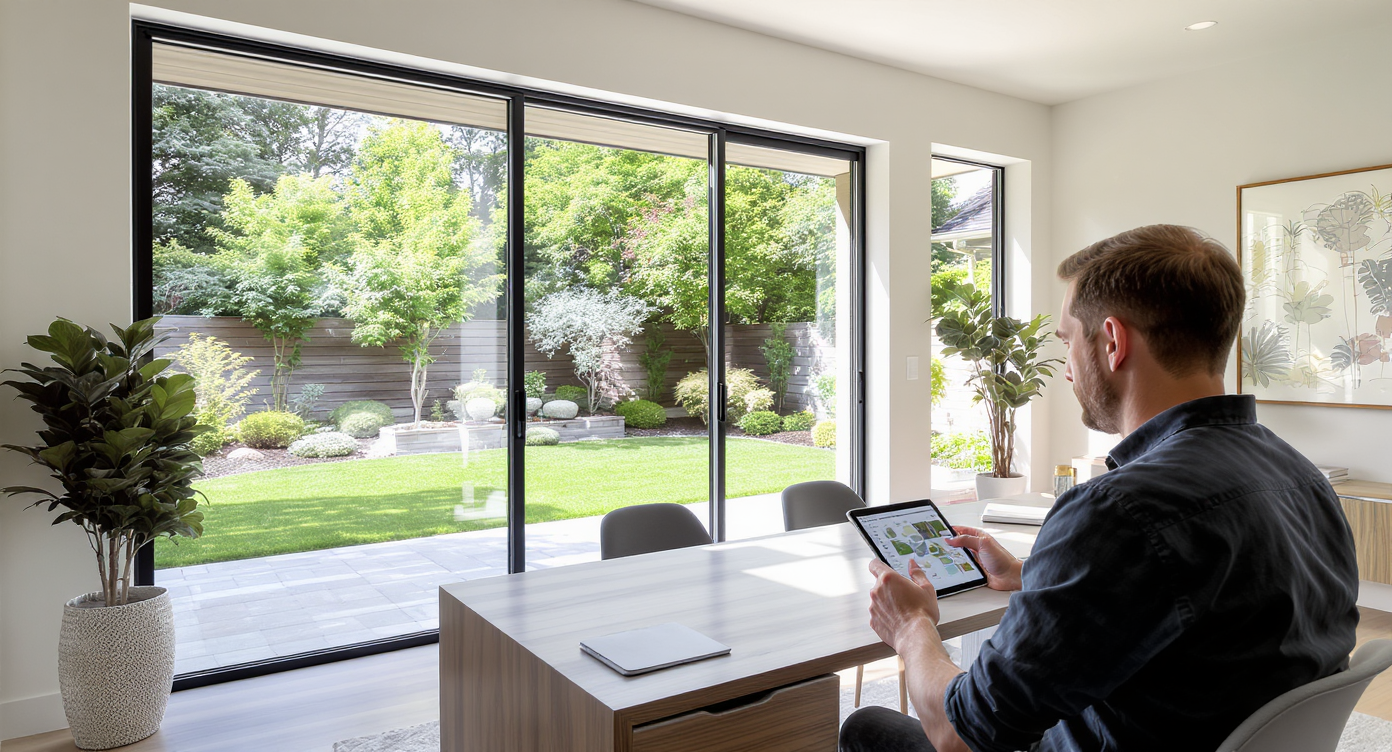 A homeowner uses a tablet with a landscape planning app in a bright room, overlooking a real backyard with lawn and shrubs through large windows.