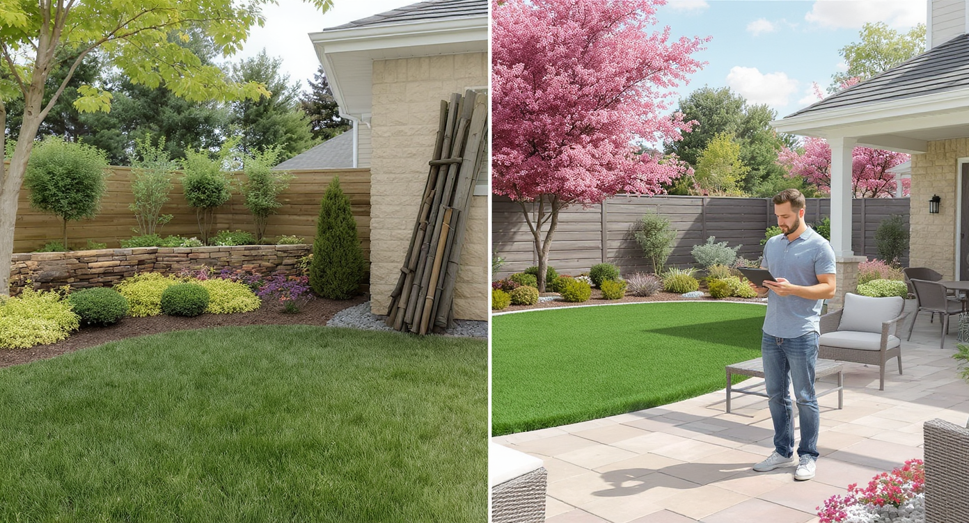 A realistic backyard scene shows a split view, with one half as an original yard and the other side digitally enhanced with new landscaping.