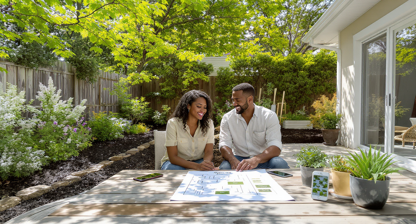 A couple sits at a patio table in a sunny backyard, using a tablet to plan landscaping. One garden area is complete, another still in progress.