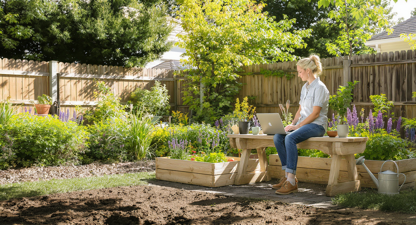 Sunlit backyard with a raised vegetable bed, open laptop showing a digital planner, homeowner planning surrounded by garden tools and greenery.