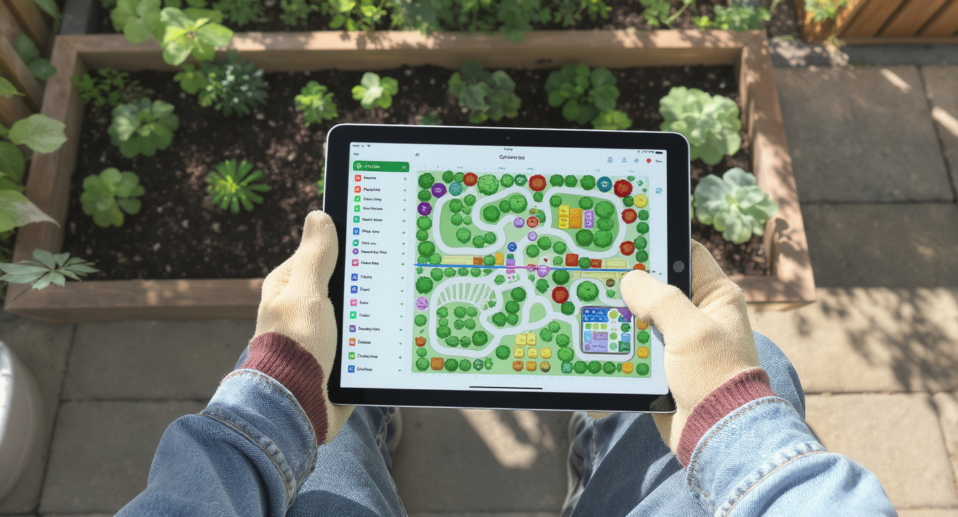 A gardener consults a tablet showing a detailed digital vegetable garden plan, with customizable bed shapes, plant spacing, and color-coded areas set within a realistic backyard space.
