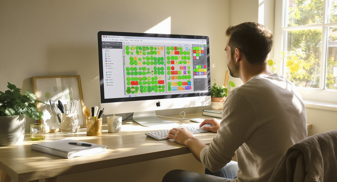A beginner gardener in a bright home office uses a computer with an intuitive garden planner interface, clear icons, and natural decor.