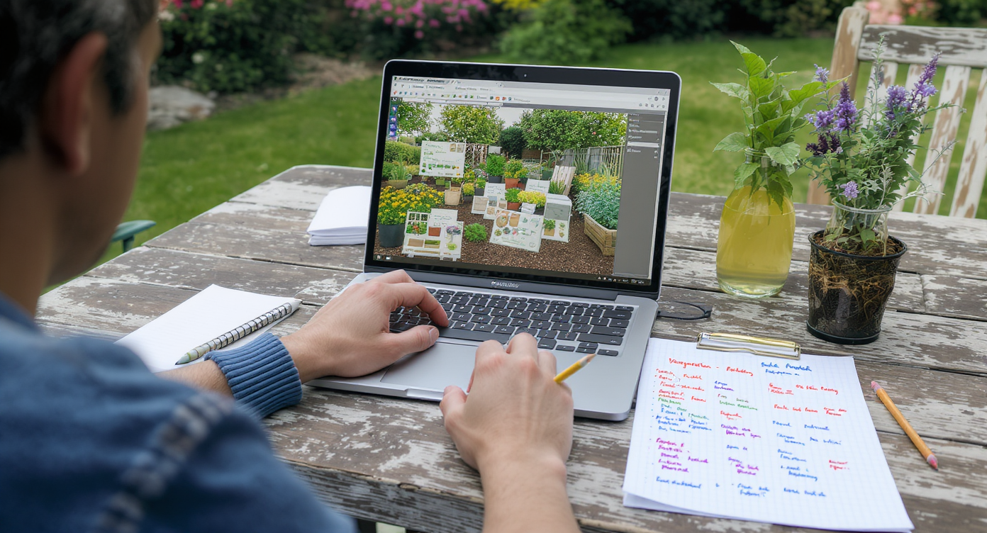 A person planning a vegetable garden on a wooden patio table, using a laptop with garden software, graph paper, and real yard photos visible.