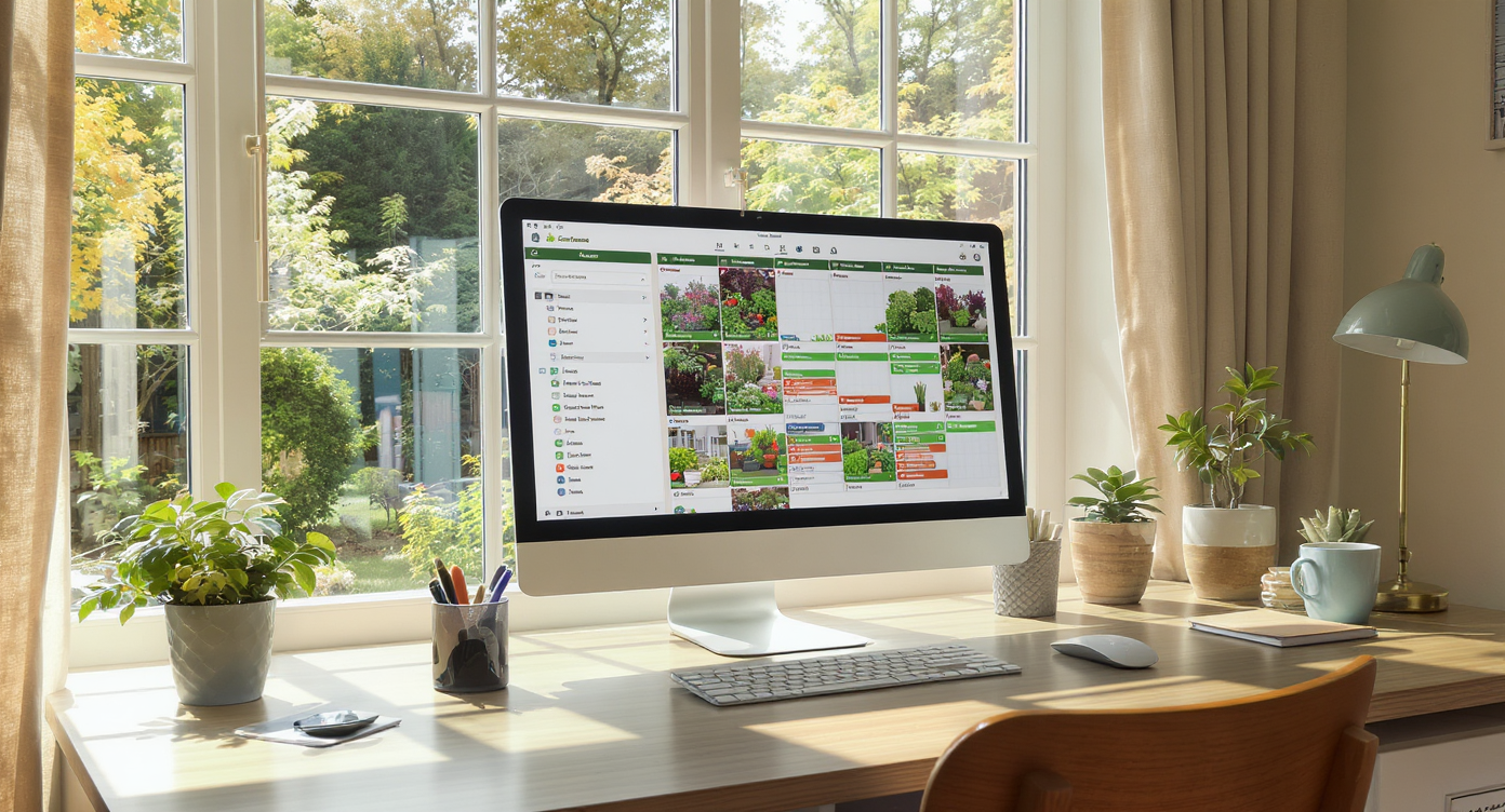 Sunlit home office with a computer displaying a digital vegetable garden planner, overlooking a real garden, earthy tones, and natural light.