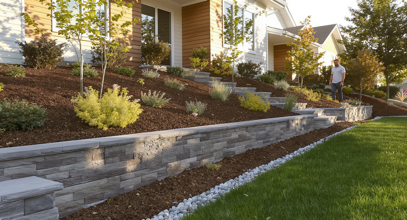 A modern home’s landscaped yard with graded slopes, visible French drains, and retaining walls, emphasizing effective drainage and healthy foundation.