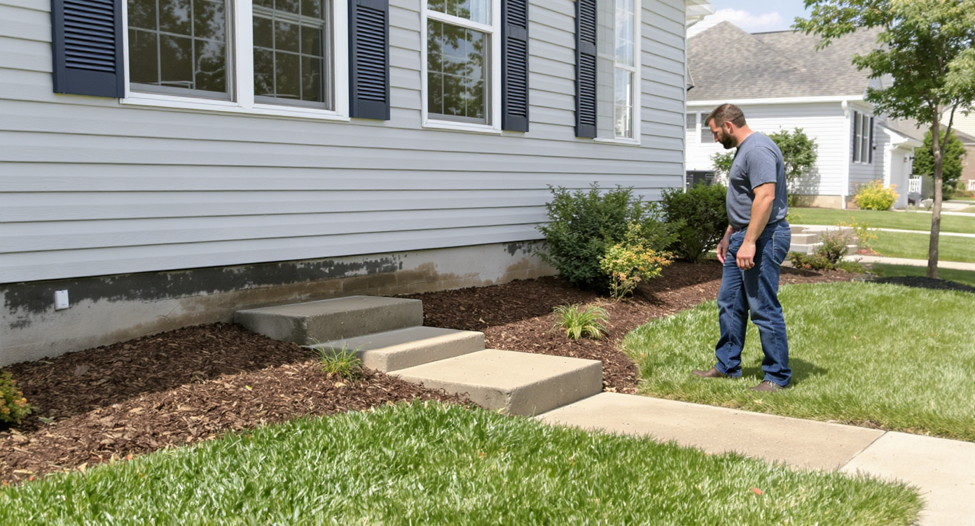 A homeowner assesses sloped landscaping, concrete walkways, and mulched beds outside a suburban home, focusing on water drainage.