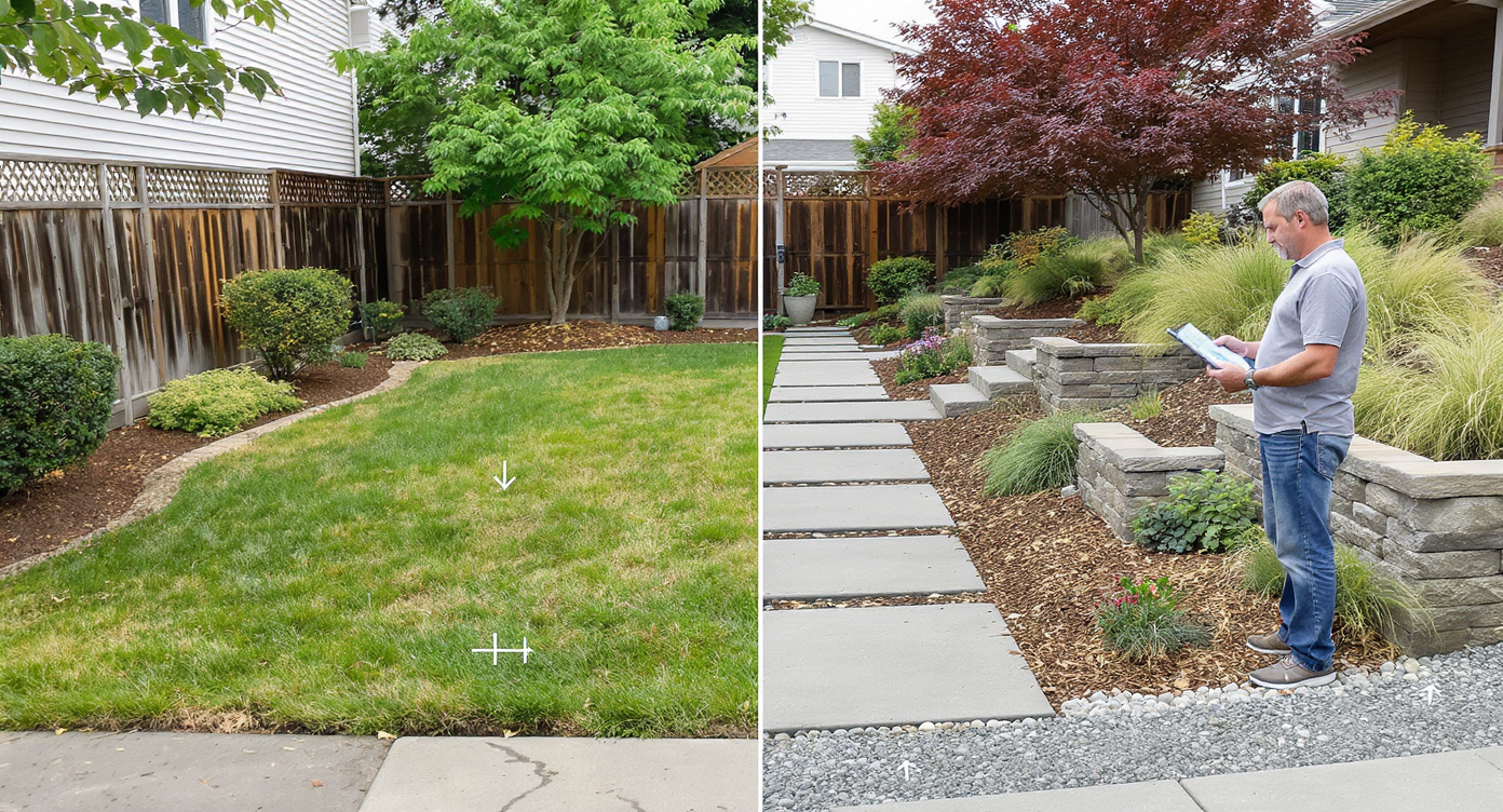 Split-view photo showing a before-and-after yard: muddy patch near a flat foundation versus upgraded sloped walkway, mulched beds, and raised stone planters, with a homeowner viewing a virtual design on a tablet.