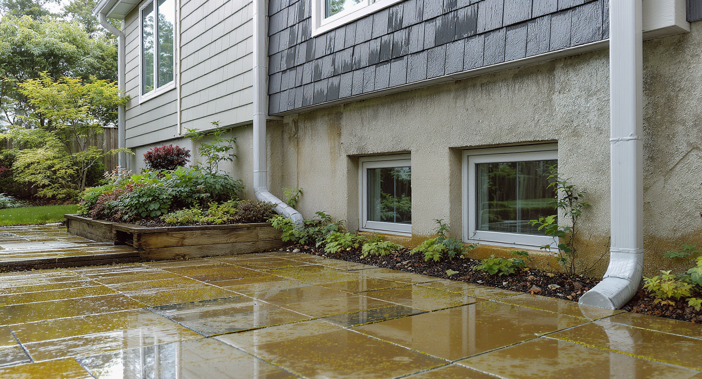 Realistic view of a coastal home with permeable stone patio, raised beds, and extended gutters, preventing basement humidity issues.
