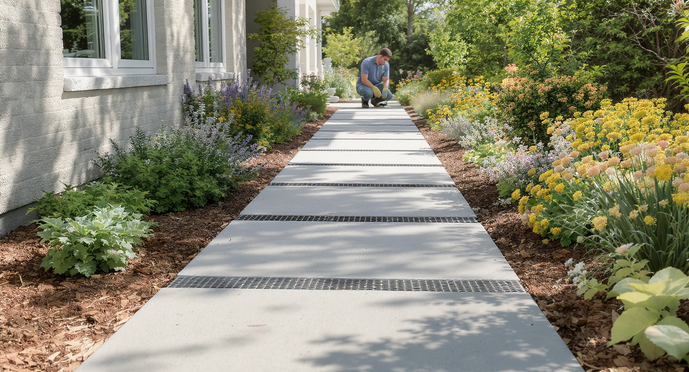 A modern house with a wide, outward-sloping paver walkway bordered by tidy mulch beds and lush, low-maintenance foundation plants.