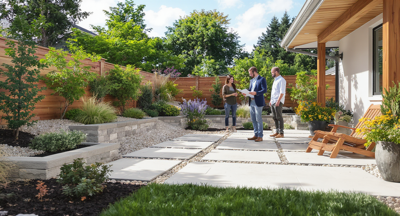 A designer with a tablet discusses a sloped patio and walkway with homeowners, showing grading, drainage lines, and realistic backyard landscaping.