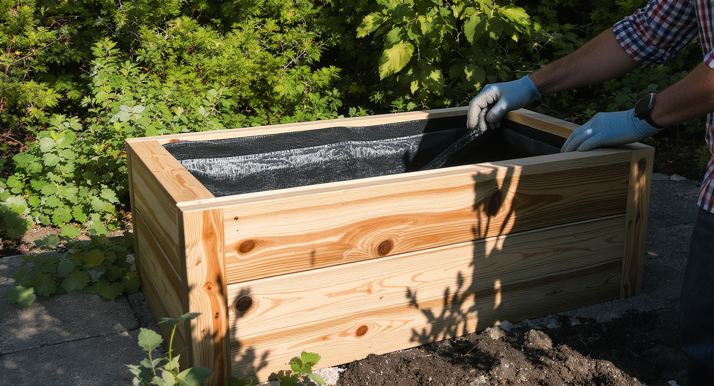 Backyard planter box made of stained wood, one side lined with black landscape fabric and the other with clear plastic liner, gloved hands adjusting the liner.