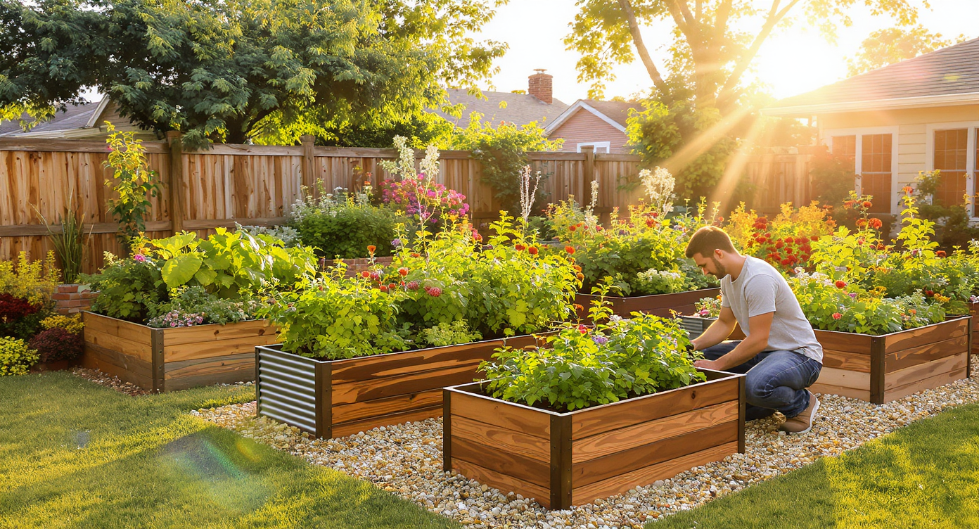 Home gardener tending raised beds made from wood, metal, brick, and concrete with thriving plants, under warm sunlight in a tidy backyard.