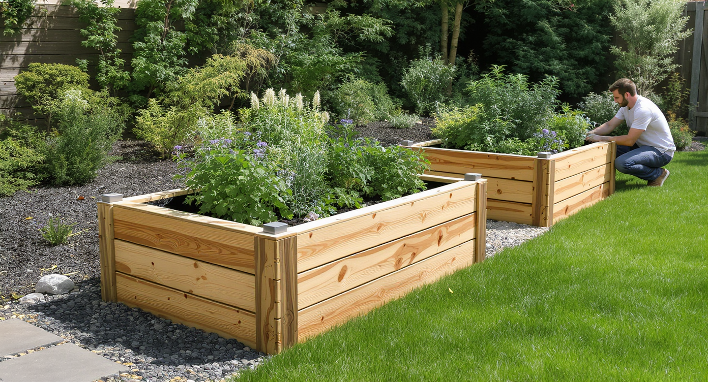 Contemporary garden with raised timber planter boxes on a grassy slope, lined with geotextile fabric, and a person checking a planter's interior.