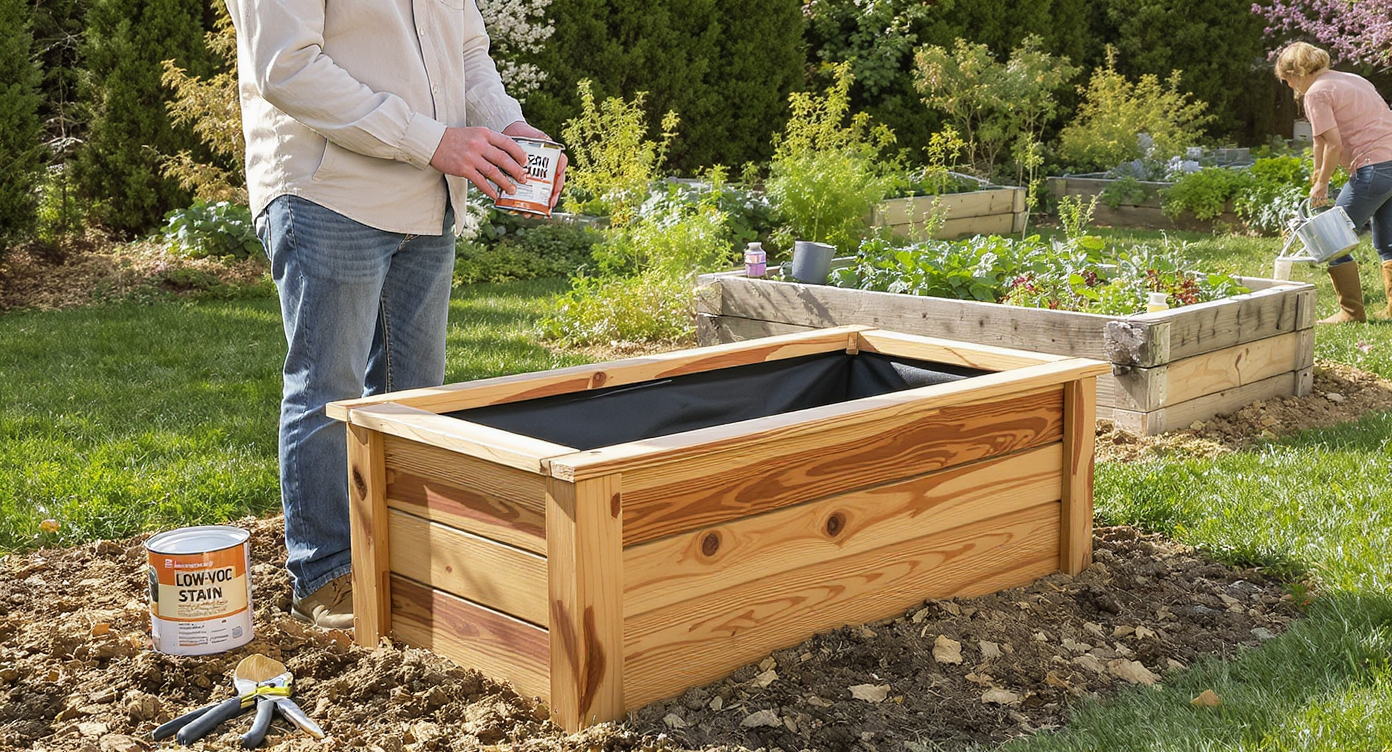 Two homeowners work in a sunlit garden with raised beds—one staining a cedar planter's exterior, another tending an untreated recycled wood bed.