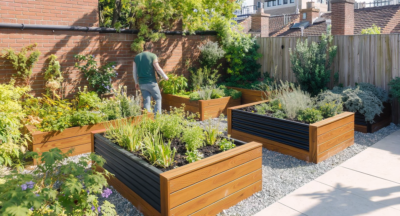 Various raised planter boxes of wood, metal, and brick in a well-lit urban garden, with a homeowner tending the soil on a sunny patio.