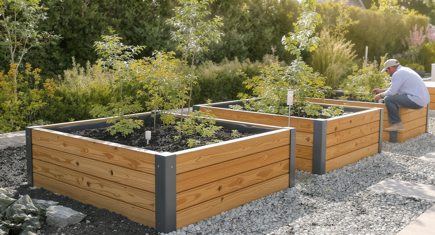 Modern wooden raised garden beds with sloped bases, drainage pipes, and interior landscape fabric lining, set on gravel with planted vegetables.