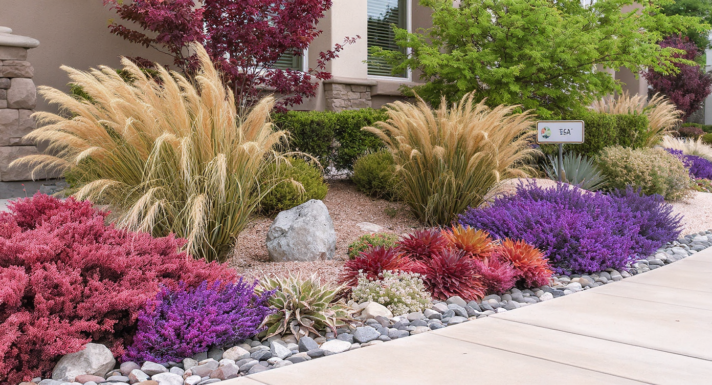 A sunlit front yard in a warm climate, featuring drought-tolerant plants, mulched beds, a gravel path, stone borders, and a homeowner tending to greenery.