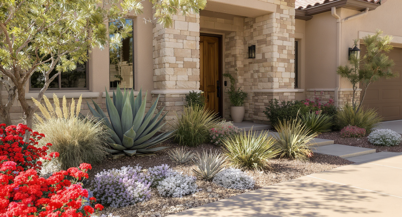 Contemporary home with limestone and brick exterior, low-maintenance front yard featuring drought-tolerant plants, tidy paths, and bright natural light.