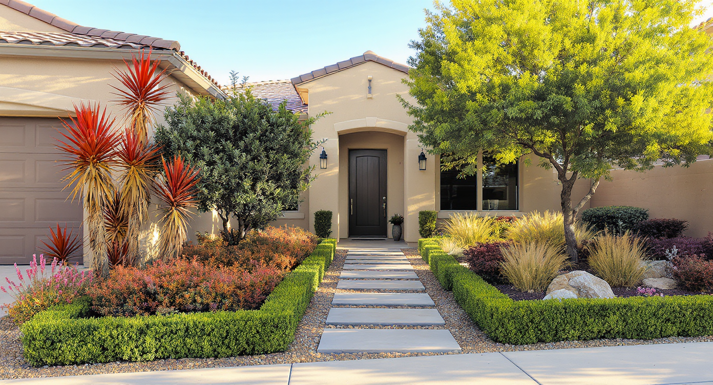 Modern front yard with red yucca, autumn sage, dwarf yaupon holly, boxwood, native grasses, and a small willow oak in natural light.