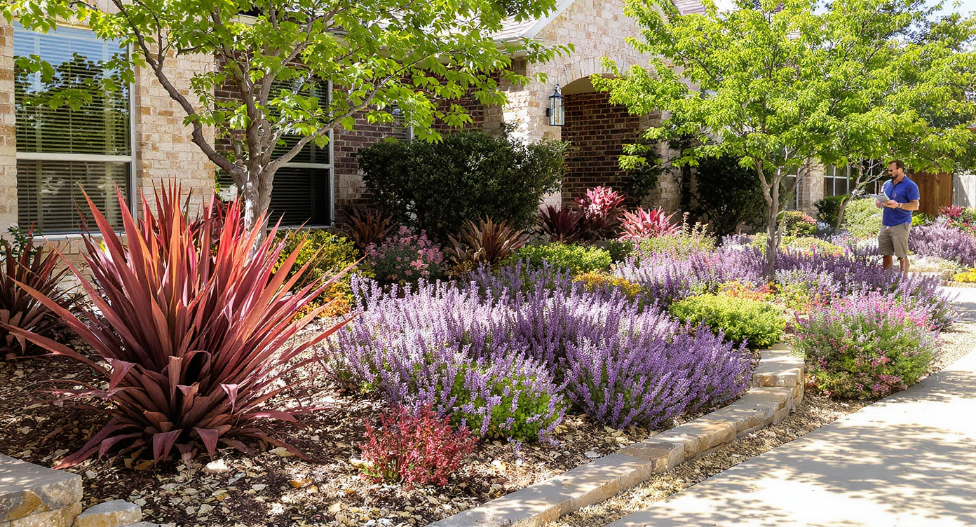 A central Texas front yard with red yucca, dwarf yaupon holly, and sages in mulched beds, limestone borders, and gravel path in bright midday sun.