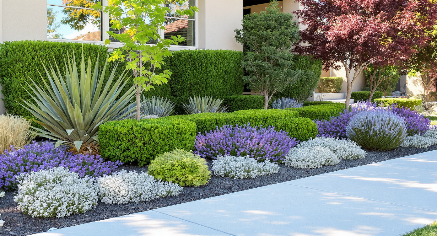 Layered front yard beds with upright yucca, sky pencil hollies, boxwoods, blooming perennials, and mulch, under natural sunlight, illustrating key landscape design principles.