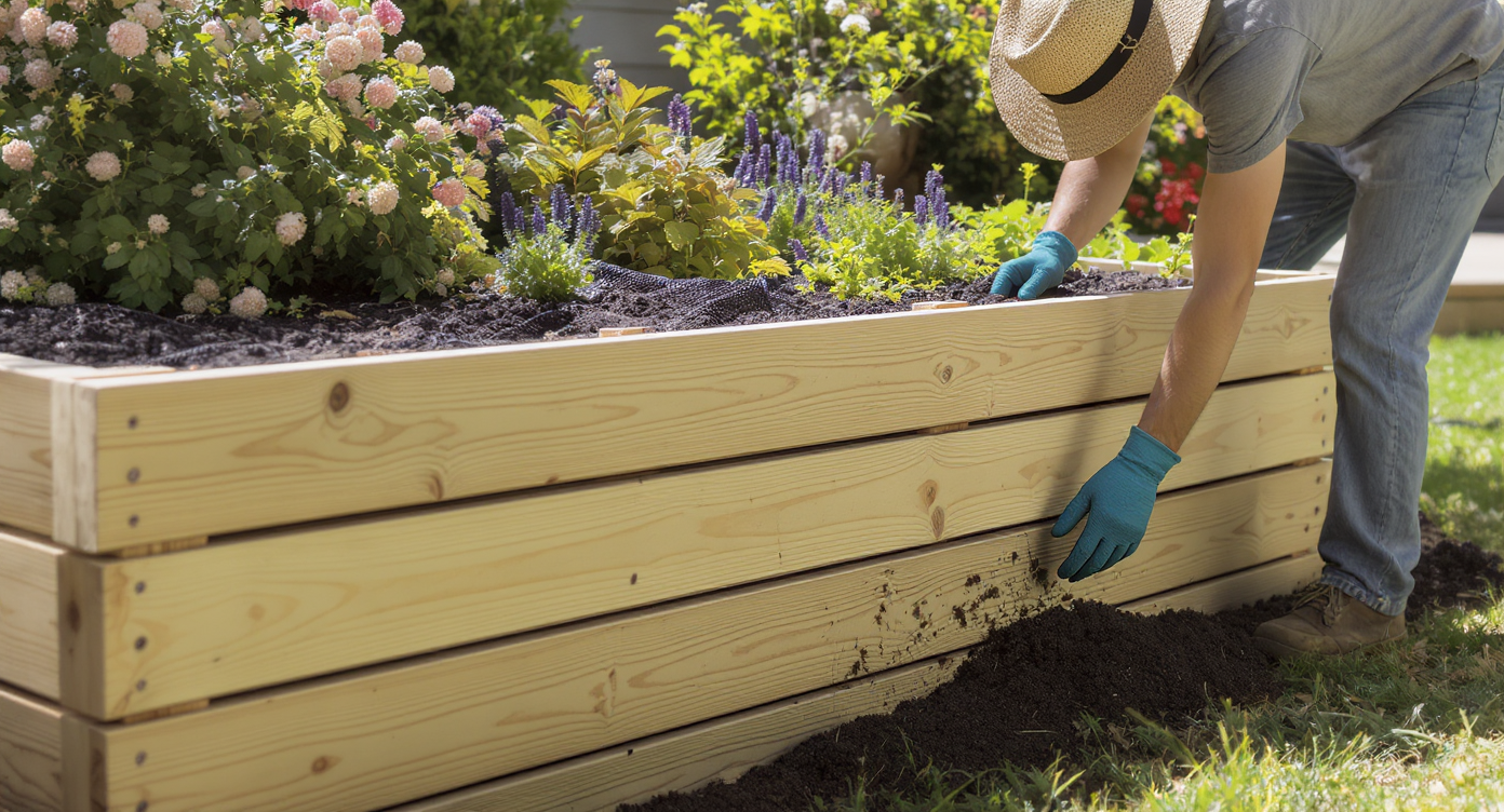 Exposed cross-section of an elevated garden bed shows distinct layers: wood slats, pea gravel, landscape fabric, soil, and mulch, with a gardener inspecting the bed.