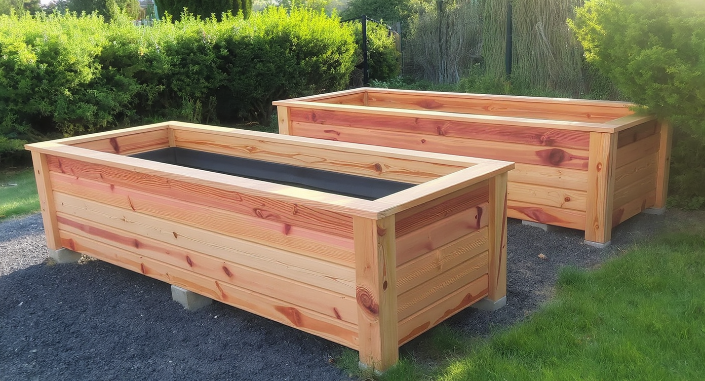 Two sturdy cedar and redwood raised garden beds in a real backyard, one shown in cross-section with gravel, fabric, and soil layers for drainage.