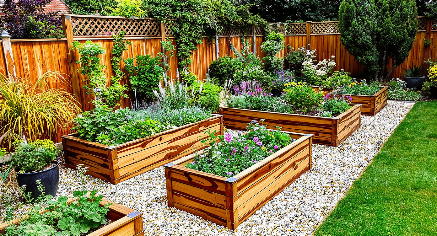 A backyard with durable cedar and metal elevated garden beds on gravel, separated from mature trees, thriving in warm natural sunlight.