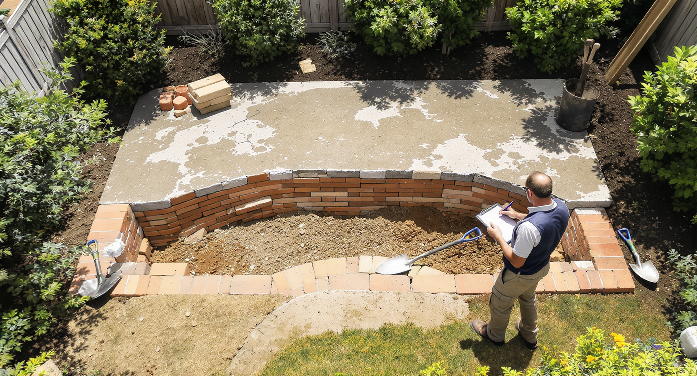 A backyard in an urban setting shows old concrete being lifted to reveal historic bricks and soil. A designer inspects the layers; tools and greenery add detail.
