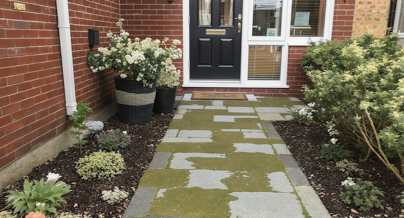 A city townhouse entrance shows a reused permeable grid footpath, old brick, and lush plants. A homeowner surveys visible layered surfaces.