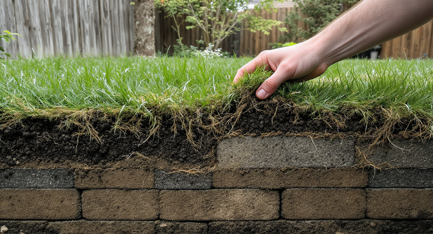 Hand lifting topsoil in an urban backyard to reveal old concrete grass pavers beneath lawn, showing textures of soil, roots, and grid pattern.