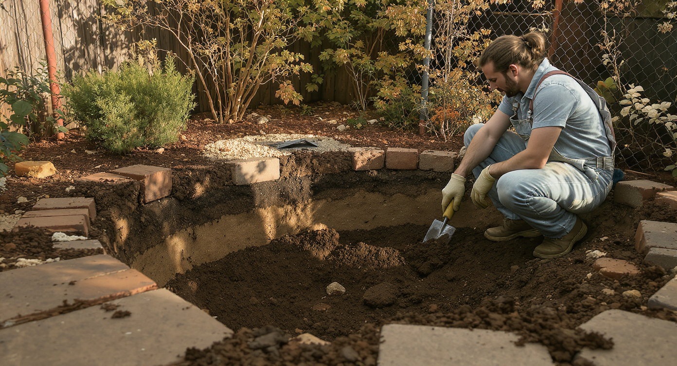 A city garden with a section dug up shows layers of brick, gravel, and soil, while a homeowner inspects the exposed ground closely.