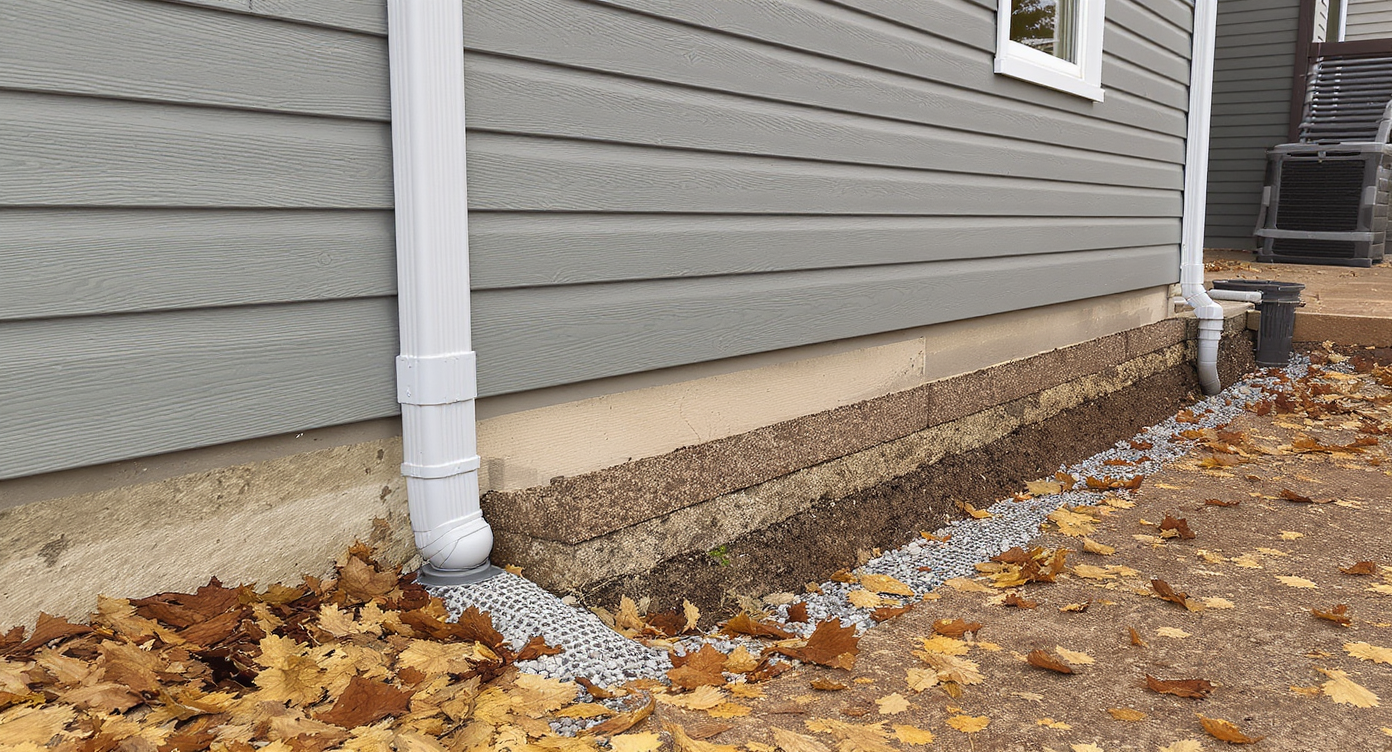 Cross-sectional view shows a raised paver patio sloping away from a modern gray home, with visible gravel drainage, pipe, geotextile, and retaining wall.