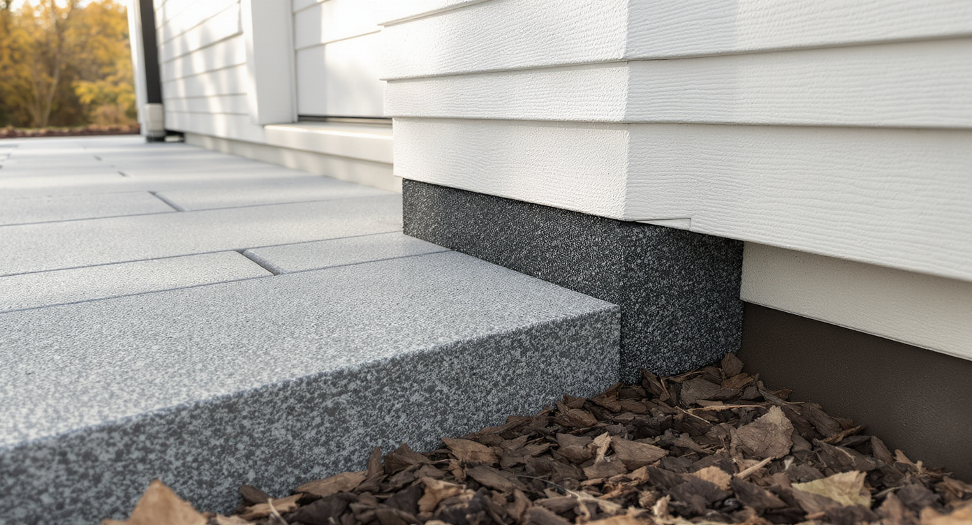 Close-up of a raised paver patio meeting a modern home’s exterior, showcasing a clean vertical expansion joint for water protection.