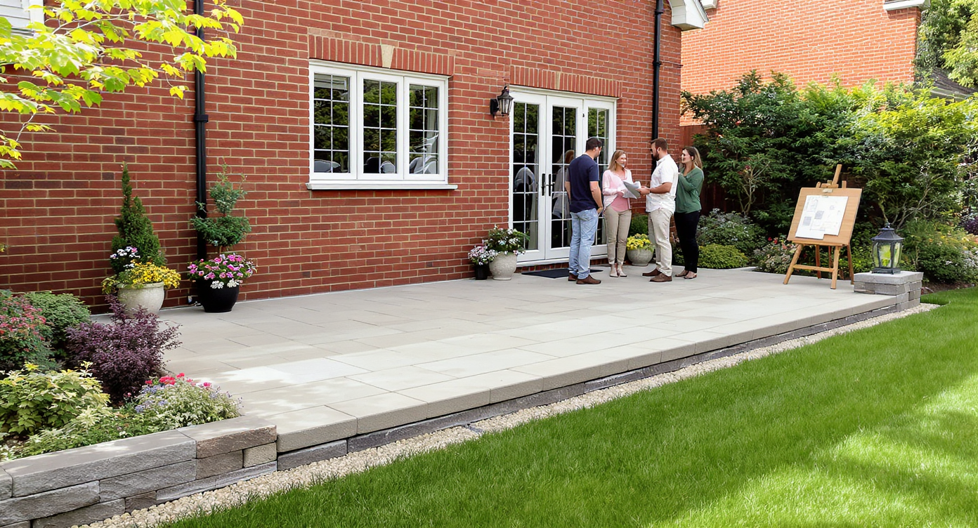 A raised paver patio meets a brick house, detailed with drainage and separation. Homeowners and a designer review plans nearby in natural light.