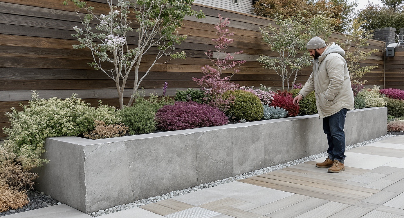 Contemporary patio with a built-in stone and concrete planter featuring proper drainage, lush resilient plants, and a homeowner tending the greenery.