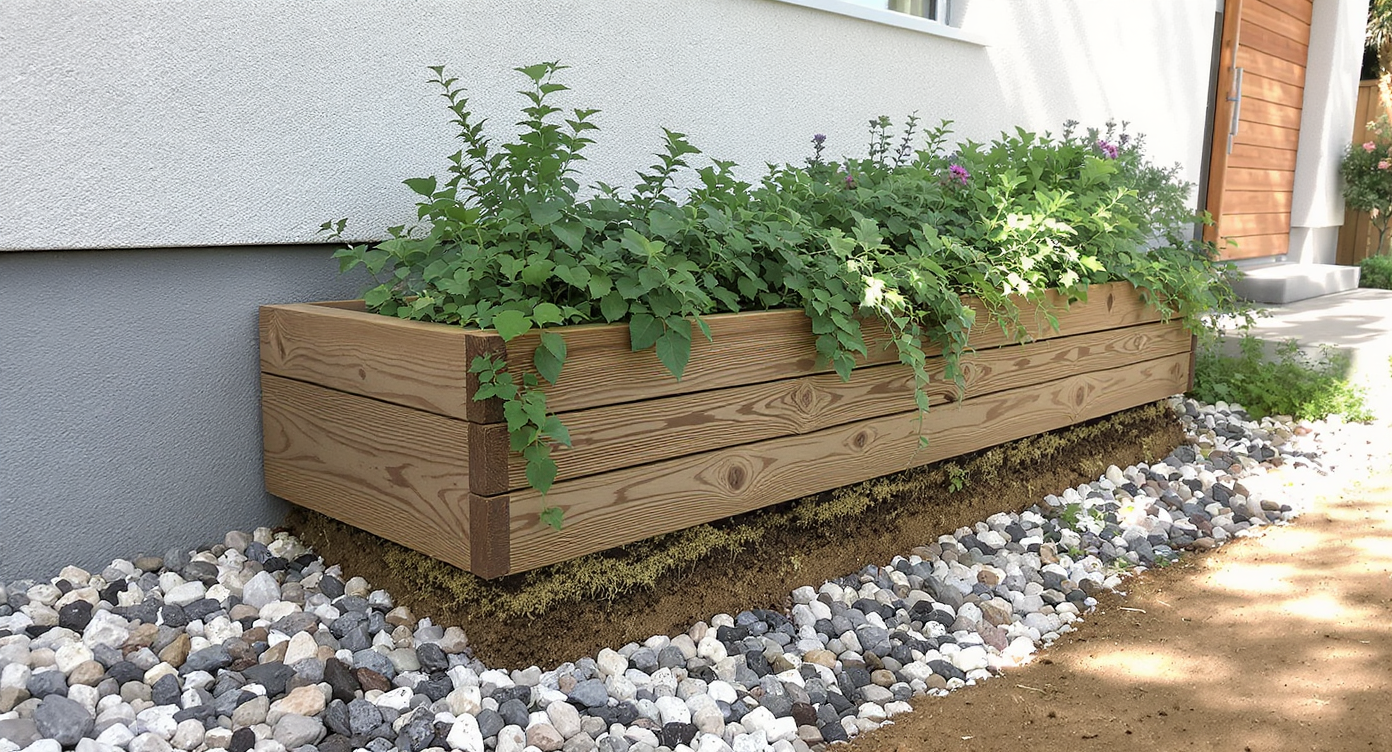 Modern wooden planter with an open bottom on gravel, filled with green plants, next to a house foundation, showing good drainage setup.