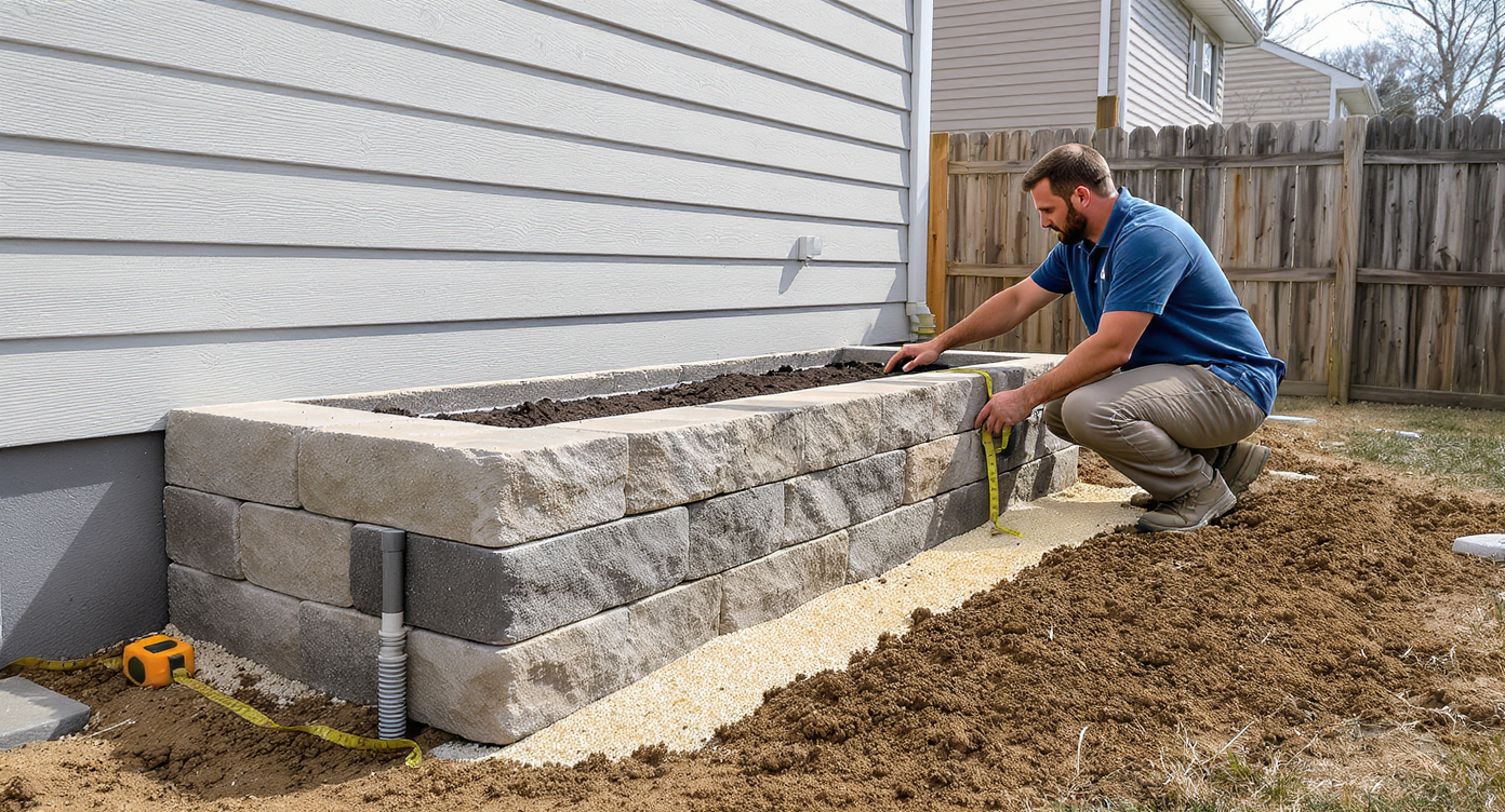 A homeowner inspects the layered stone planter foundation with gravel, drainage pipes, and waterproofing against a modern house’s wall in early spring.