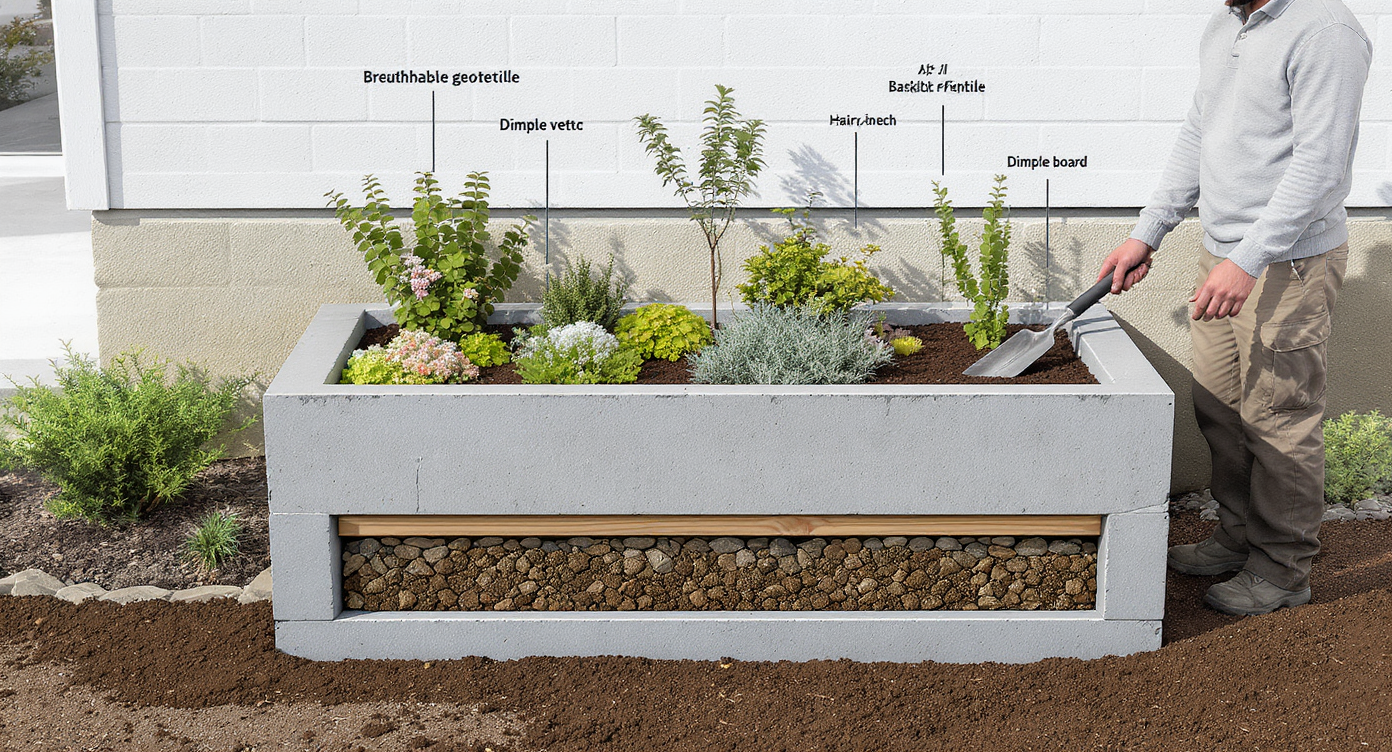 Cross-section of a backyard built-in planter in cold climate zone 5b with open bottom, dimple board air gap, drainage layers, and a homeowner inspecting details.