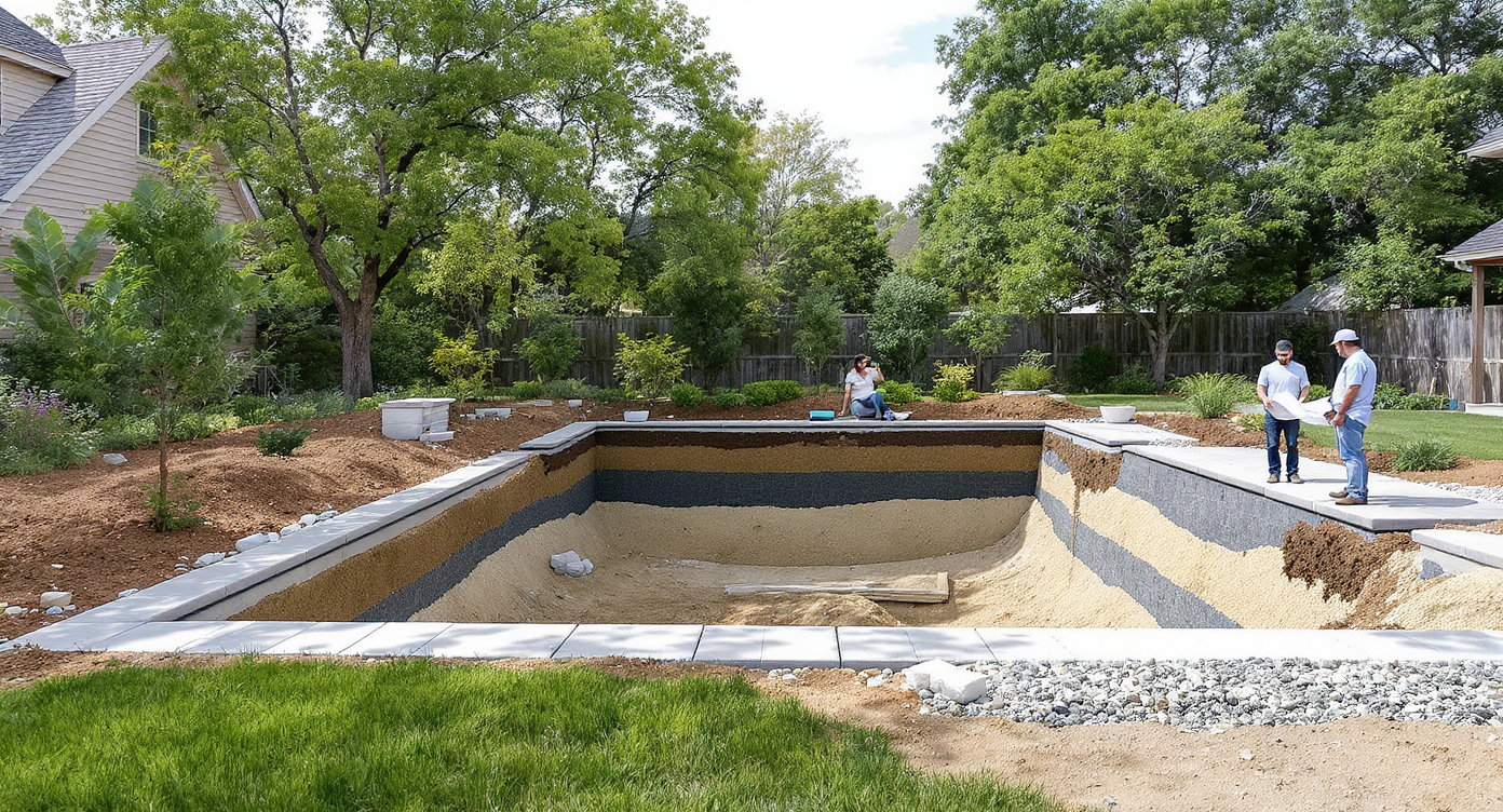 A realistic backyard scene featuring a partially constructed in-ground pool, visible layered backfill materials, a couple, and a landscaper reviewing blueprints in a lush, sunlit setting.