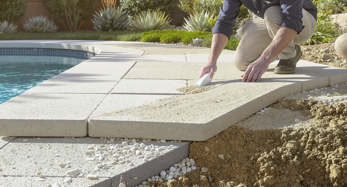 Modern backyard pool deck with graded pavers, visible compacted underlayment, and a homeowner applying polymeric sand on a sunny day.
