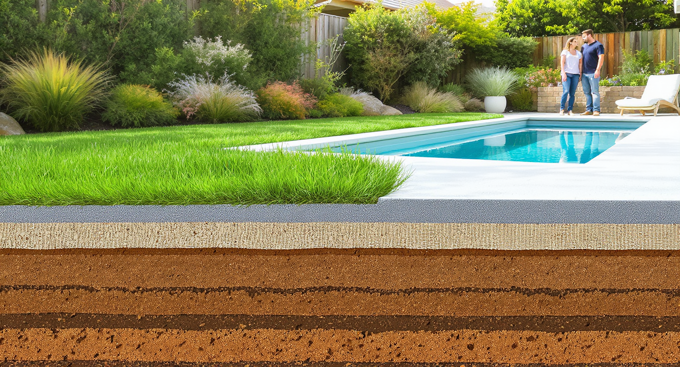 Cross-section view shows layers beneath a concrete pool deck: pea gravel, landscape fabric, and soil, with a thoughtful couple nearby.