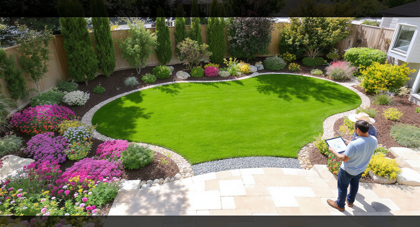 A realistic backyard with a green lawn, stone patio, pathway, vivid plantings, and a swale for water flow. A homeowner and designer consult over a digital plan.