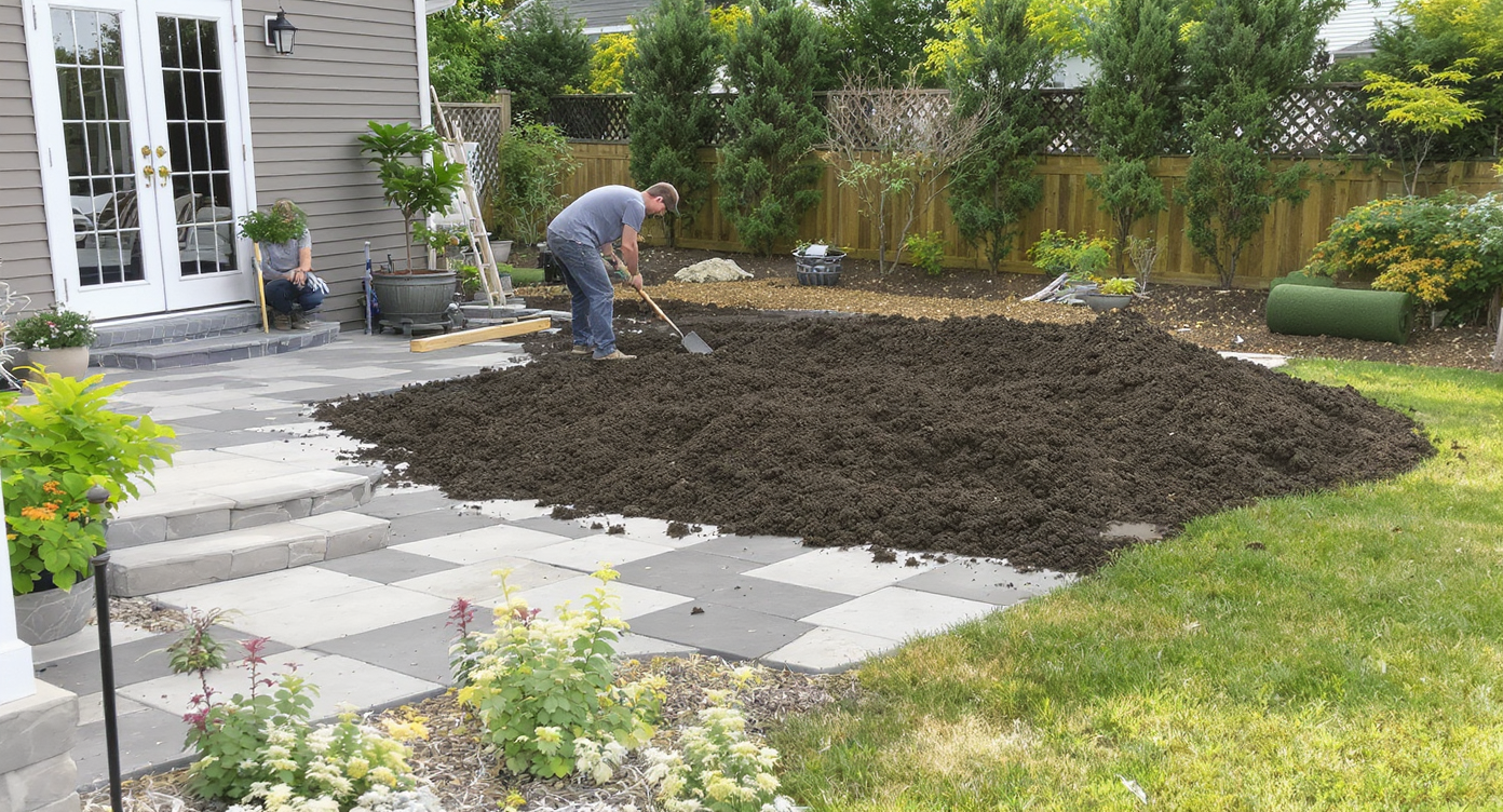 Homeowners installing a patio on graded soil, with sod rolls and mulch waiting nearby, highlighting proper landscaping sequence and materials.