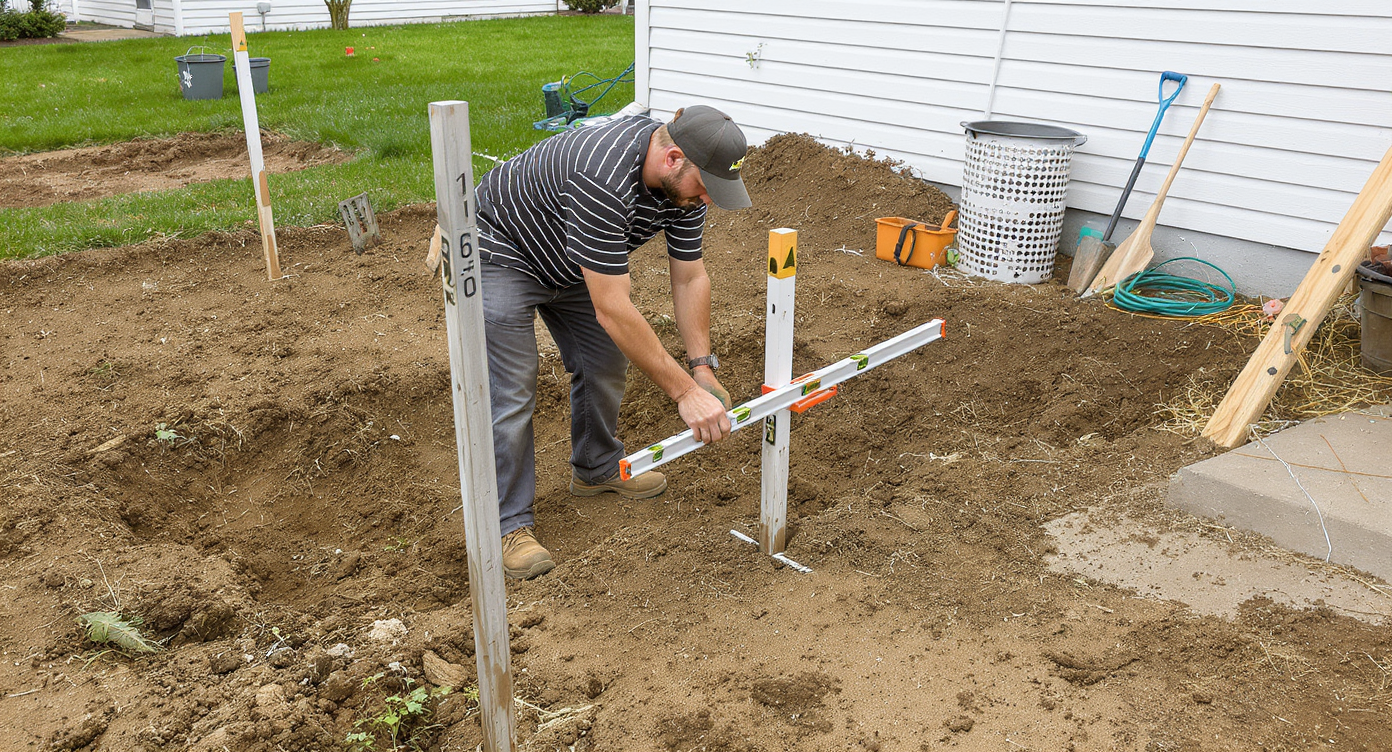 A homeowner uses a water level tool to align elevation marks next to their house, with surveying stakes marking grade changes in a sunlit backyard.